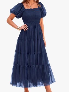 Square-Neck Navy Maxi Dress with Puff Sleeves